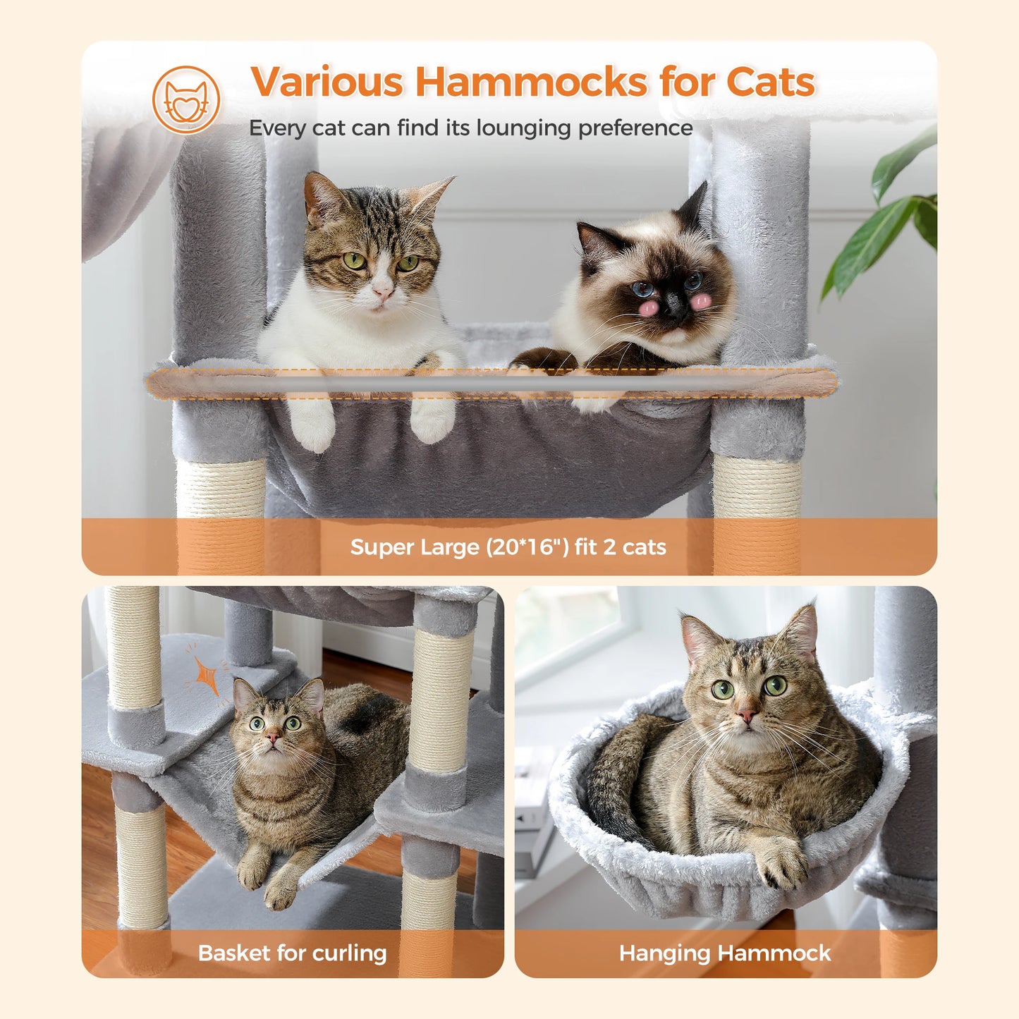 Large Cat Tree Scratching Post with Super Big Hammock