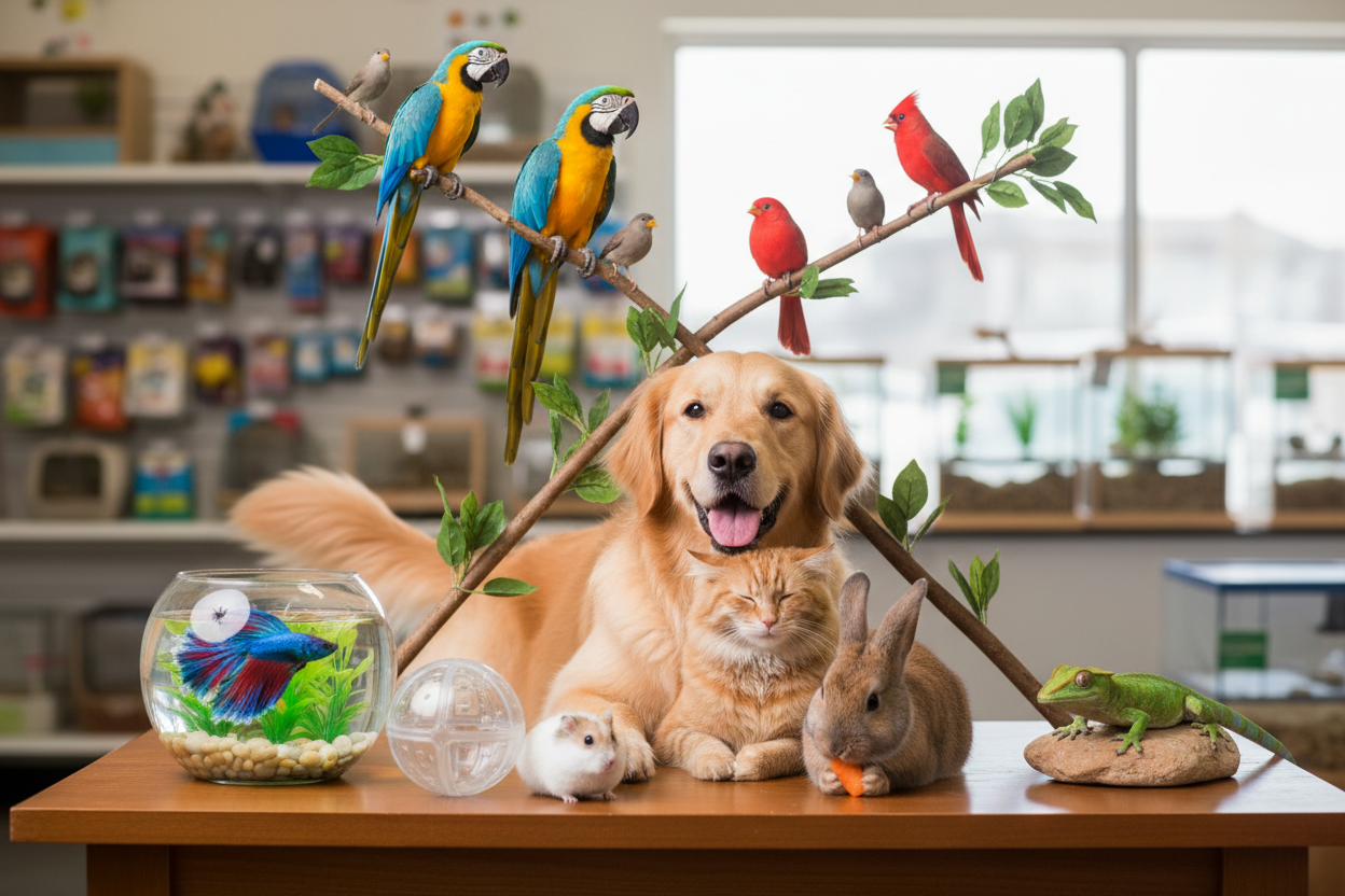 Different types of pets (Dog, Cat, Birds, Beta Fish, Reptiles, small animals)
